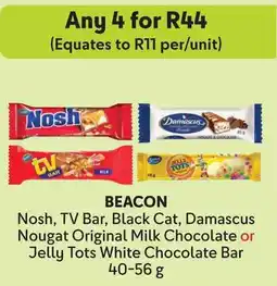 Makro Beacon Nosh, TV Bar, Black Cat, Damascus Nougat Original Milk Chocolate or Jelly Tots White Chocolate Bar offer
