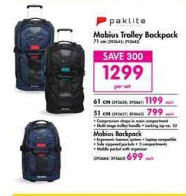 Paklite Mobius Trolley Backpack offer at Makro