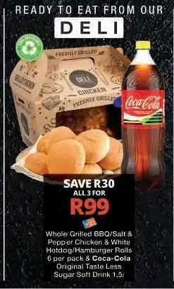 Checkers Whole Grilled BBQ/Salt & Pepper Chicken & White Hotdog/Hamburger Rolls & Coca-Cola offer