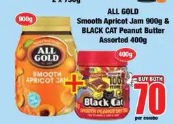 Boxer ALL GOLD Smooth Apricot Jam 900g & BLACK CAT Peanut Butter Assorted 400g offer