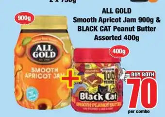 Boxer ALL GOLD Smooth Apricot Jam 900g & BLACK CAT Peanut Butter Assorted 400g offer