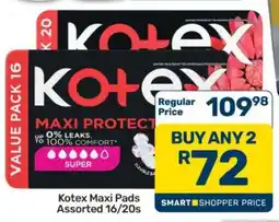 Pick n Pay Hypermarket Kotex Maxi Pads Assorted 16/20s offer