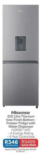 OK Furniture Hisense - 222 litre titanium inox-finish bottom-freezer fridge with water dispenser hd310bt-wd offer