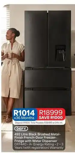OK Furniture Defy - 492 litre black brushed metal-finish french-door freezer-fridge with water dispenser dff440 offer