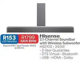 OK Furniture Hisense - 2.1-channel soundbar with wireless subwoofer hs2100 offer
