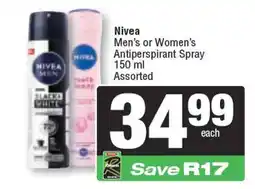 Spar Nivea Men's or Women's Antiperspirant Spray Assorted offer