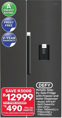 Pick n Pay Hypermarket DEFY Metallic Side-By-Side Fridge with Freezer and Water Dispenser offer