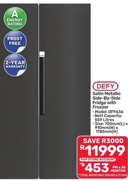 Pick n Pay Hypermarket DEFY Satin Metallic Side-By-Side Fridge with Freezer offer