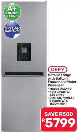 Pick n Pay Hypermarket DEFY Metallic Fridge with Bottom Freezer and Water Dispenser offer