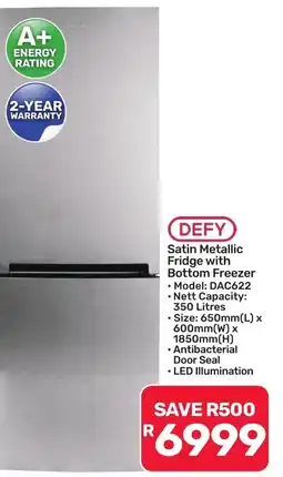 Pick n Pay Hypermarket DEFY Satin Metallic Fridge with Bottom Freezer offer