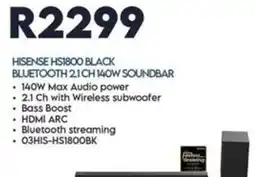 Sounds Great HISENSE HS1800 BLACK BLUETOOTH 2.1 CH 140W SOUNDBAR offer