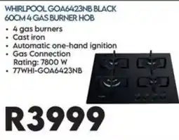 Sounds Great Whirlpool GOA6423NB Black 60cm 4 Gas Burner Hob offer