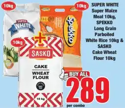 Boxer Super White Super Maize Meal, Spekko Long Grain Parboiled White Rice & Sasko Cake Wheat Flour offer