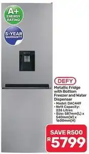 Pick n Pay Hypermarket Defy - metallic fridge with bottom freezer and water dispenser - model: dac449 offer