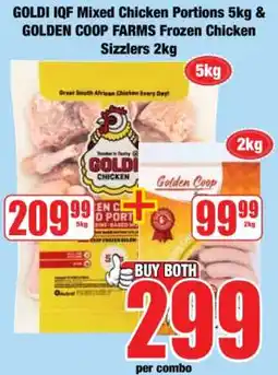 Boxer GOLDI IQF Mixed Chicken Portions 5kg & GOLDEN COOP Farms Frozen Chicken Sizzlers 2kg offer