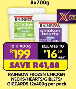 Shoprite RAINBOW FROZEN CHICKEN NECKS/HEARTS/GIBLETS GIZZARDS 12x400g per pack offer