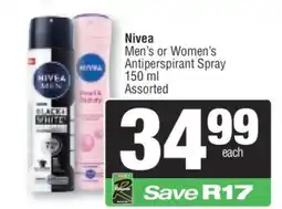 Spar Nivea Men's or Women's Antiperspirant Spray offer