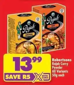 Shoprite Robertsons Rajah Curry Powder All Variants 50g each offer
