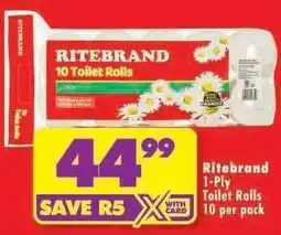 Shoprite RITEBRAND 1-PLY TOILET ROLLS 10 per pack offer