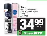 Spar Nivea Men's Or Women's Antiperspirant Spray Assorted-150ml offer