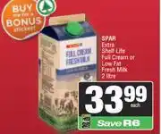 Spar Spar Extra Shelf Life Full Cream Or Low Fat Fresh Milk-2L offer