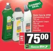 Spar Home Care By Spar Dishwashing Liquid 750ml+All Purpose Cream 750ml+Thick Blech 750ml-For All offer