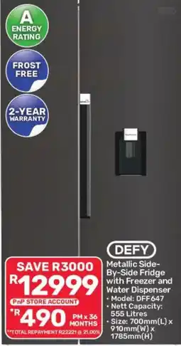 Pick n Pay DEFY Metallic Side-By-Side Fridge with Freezer and Water Dispenser offer
