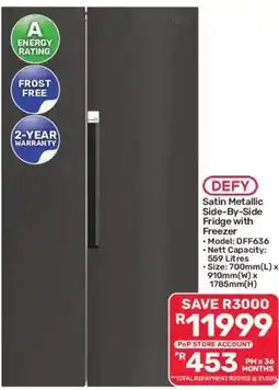 Pick n Pay DEFY Satin Metallic Side-By-Side Fridge with Freezer offer