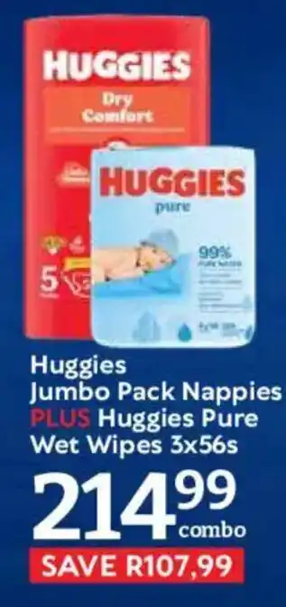 Huggies Jumbo Pack Nappies PLUS Huggies Pure Wet Wipes