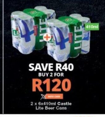 Checkers Castle Lite Beer Cans 2 x 6x410ml offer