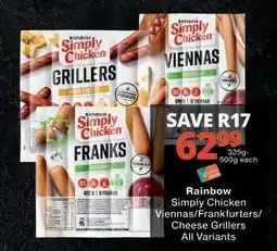 Checkers Rainbow Simply Chicken Viennas/Frankfurters/Cheese Grillers offer