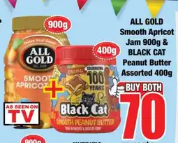 Boxer ALL GOLD Smooth Apricot Jam 900g & BLACK CAT Peanut Butter Assorted 400g offer