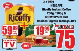 Boxer NESCAFÉ Ricoffy Instant Coffee 250g / 280g & BREWER’S BLEND Rooibos Tagless Teabags 40’s offer