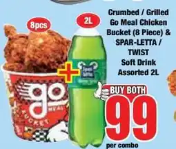 Boxer Crumbed / Grilled Go Meal Chicken Bucket (8 Piece) & SPAR-LETTA / TWIST Soft Drink Assorted 2L offer