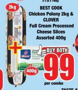 Boxer BEST COOK Chicken Polony 2kg & CLOVER Full Cream Processed Cheese Slices Assorted 400g offer