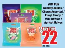 Boxer YUM FUN Gummy Jellies / Chews Assorted / Emoji Candy / Milk Bottles / Apricot Halves offer