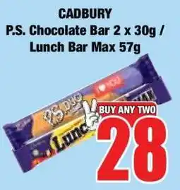 Boxer CADBURY P.S. Chocolate Bar 2 x 30g / Lunch Bar Max 57g offer