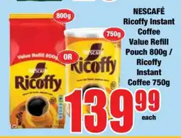 Boxer NESCAFÉ Ricoffy Instant Coffee Value Refill Pouch 800g / Ricoffy Instant Coffee 750g offer