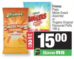 Spar Frimax Pops Maize Snack Assorted or Tinglers Original Flavoured Puffs 100 g offer