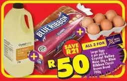 Shoprite Large Eggs 6 per pack + Crystal Valley Maas 2kg + Blue Ribbon Classic Brown Bread 700g offer