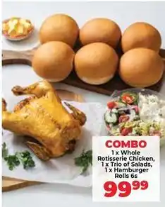 Food Lover's Market Whole rotisserie chicken, trio of salads, hamburger rolls offer