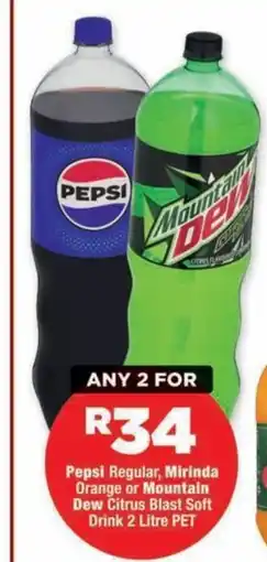 OK MiniMark Pepsi Regular, Mirinda Orange or Mountain Dew Citrus Blast Soft Drink 2 Litre PET offer