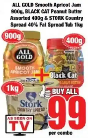 ALL GOLD Smooth Apricot Jam, BLACK CAT Peanut Butter Assorted, STORK Country Spread