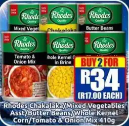 Three Star Cash and Carry Rhodes Chakalaka/Mixed Vegetables Asst/Butter Beans/Whole Kernel Corn/Tomato & Onion Mix offer