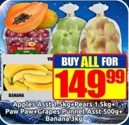 Three Star Cash and Carry Apples Assorted + Pears Assorted + Paw Paw + Grapes Punnet + Banana offer
