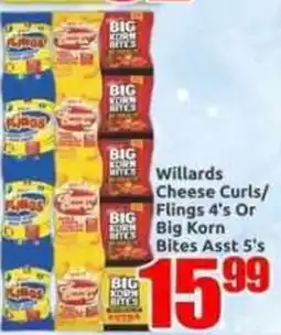 Three Star Cash and Carry Willards Cheese Curls/Flings 4's Or Big Korn Bites Assorted offer