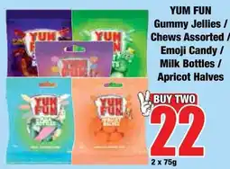 Boxer Superstores YUM FUN Gummy Jellies / Chews Assorted / Emoji Candy / Milk Bottles / Apricot Halves offer