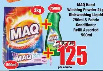 MAQ Hand Washing Powder 2kg Dishwashing Liquid 750ml & Fabric Conditioner Refill Assorted