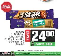 KwikSpar Cadbury 5 Star, Lunch Bar, P.S, Astro's or Crunchie Assorted offer