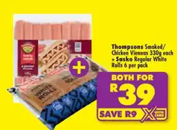 Shoprite Thompsons Smoked/Chicken Viennas 330g each + Sasko Regular White Rolls 6 per pack offer